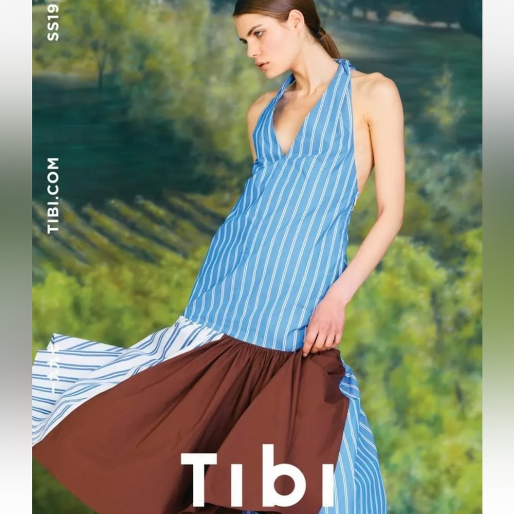 TIBI Vivian Patchwork Stripe V-Neck Deep
Halter Midi Sundress